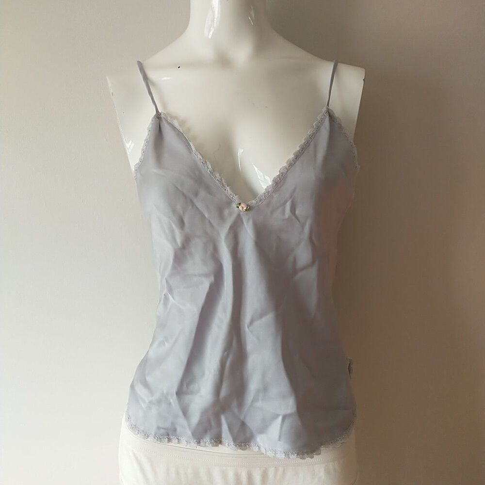 Vtg FLAIR Cami Womens S/XS*Silver Gray Union Made 70s Lace Trim Coquette